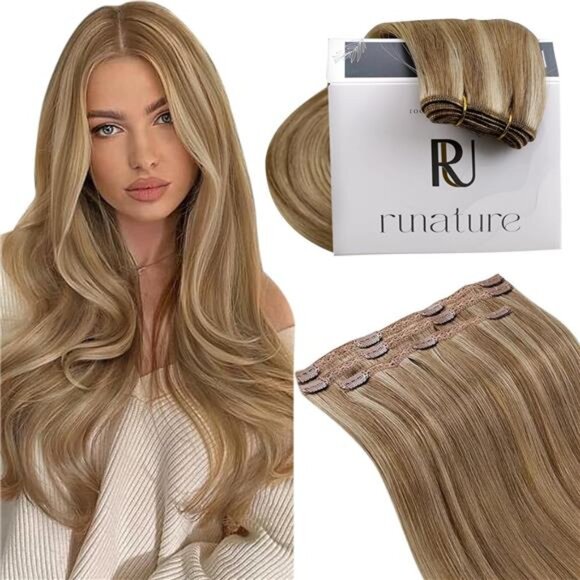 Clip in Hair Remy Human Hair Clip in Extensions 16 Inches Golden Brown - Picture 1 of 7